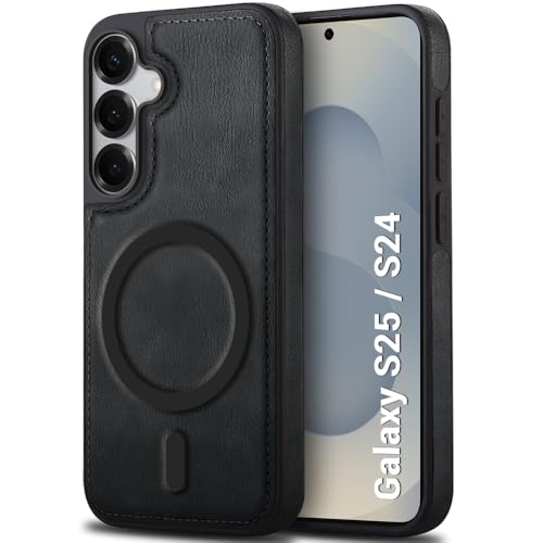 TheGiftKart Genuine Leather Finish Back Cover Case for Samsung Galaxy S25 / S24 5G | Raised Edges for Camera & Screen Protection | Shockproof Stunning Minimalist Design (MagSafe Compatible, Black)