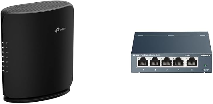 TP-Link BE7200 Wireless Router, High Speed BE7200, 10G Port, 5764 + 1376 Mbps, MLO EasyMesh HomeShield Archer BE450 + 5 Ports, Switching Hub, 10/100/1000 Mbps, Gigabit Metal Enclosure TL-SG605