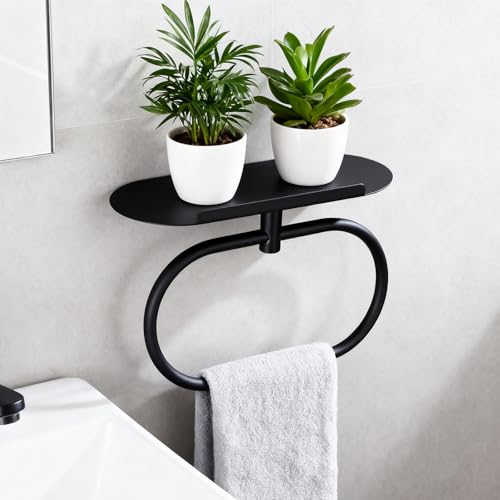 DIYZON Anillo de Toalla con Estante de Acero, Soporte Adhesivo de Acero Inoxidable, Anillo de Toalla de Mano Autoadhesivo para Baño, Colgador de Toallas Montado en la Pared para Baño (Negro)