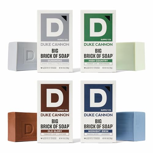 Image of Duke Cannon Supply Co. Big Brick of Soap Bar, Frontier 40 - Fresh Cut Pine, Leaf & Leather, Campfire & Midnight Swim, Extra Large, Masculine Scents, 10 oz. (Variety, 4 Pack)