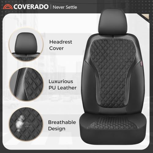 Image of Coverado Front Seat Covers, Luxury Diamond Leather Car Seat Cover with Carbon Fibre Weave Design, Waterproof Car Seat Protectors, Black Driver Seat Covers Universal Fit for Cars SUV Trucks