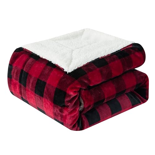 Elegant Comfort - Elegant Comfort Luxury Ultra-Plush Velvet Touch Buffalo Plaid Fleece Throw - Soft, Warm, Cozy Micromink Sherpa-Backing Reversible Blanket for Bed, Sofa and Couch, Buffalo Burgundy
