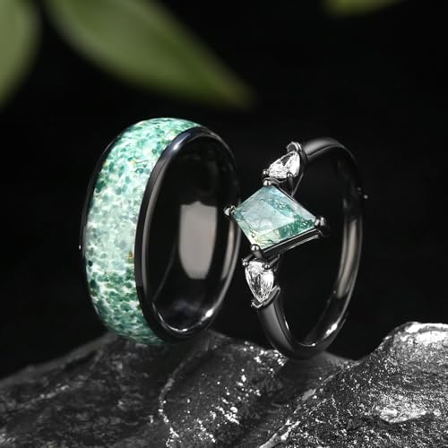 Moss Agate Couple Rings - Wedding Ring Set - Promise Ring for Her - Moss Agate Ring for Woman - Engagement Rings - Wedding Birthday Gifts3