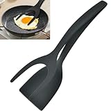2 in 1 Grip and Flip Spatula Tongs Egg Flipper Tong Fried Egg Double Spatula, Non-Stick Food Clip Egg Turner Pancake Fish French Toast Omelet Making for Home Kitchen Cooking Tool (Black)