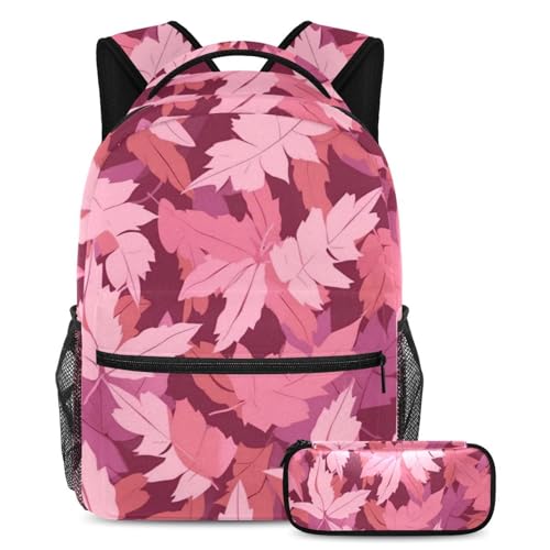 Sac à dos finitions solides motif feuilles roses contre les fournitures éparpillées