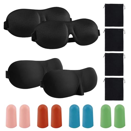 Lot de 4 masques de nuit doux bloquant la lumière, 4 paires de bouchons d'oreilles pour la réduction du bruit, protection des yeux avec 4 sacs en velours,...