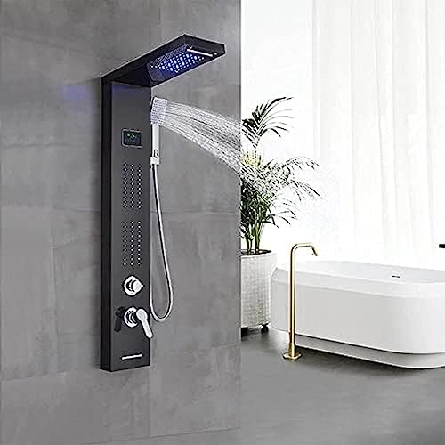 Panel de ducha negro LED de acero inoxidable con 5 funciones, sistema de ducha, cabeza de ducha tipo cascada y lluvia, jets, ducha de mano ABS y caño para baño miniatura 6