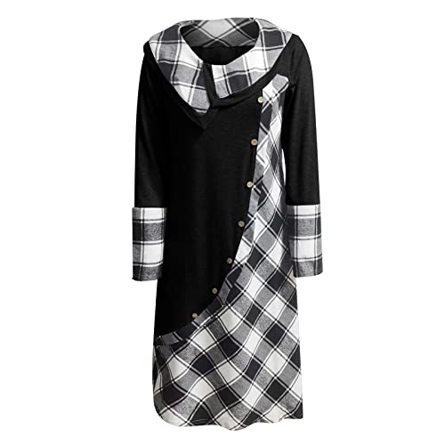 Qufech Green Dress, Fall Fashion For Women 2022 Formal Dresses Plus Size Work Party Dress Women's Plaid Stitching Button Pockets Pile Neck Long Sleeve Dress Dresses Women's Longsleeved (L, Black) #TOP3