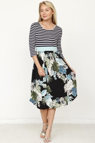 Image of Eloges Women's 3 /4 Sleeve Contrast Waist Band Floral Curved Hem Midi Dress