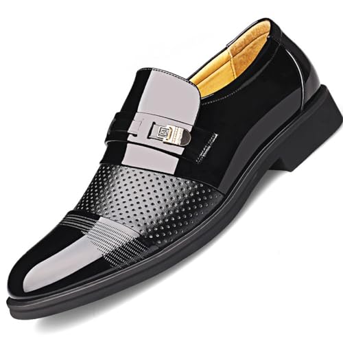 Men's Printing Pointed-Toe Patent Leather Derby Oxford Shoes, Classic Round Toe Soft Bottom Slip-On Business Work Loafers Plus Size Casual Business Low Top Pointed Toe Breathable Suit Shoes