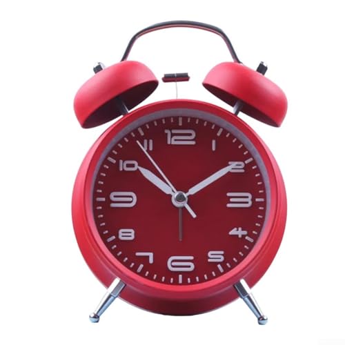 Feeshoppher Vintage Twin Bell Alarm Clock 4 Inch Metal Bedside Analogue Quartz Silent Sweep Movement Loud Alarm Night Light Battery Operated Table Desk Clock for Bedroom Office Home(Red)