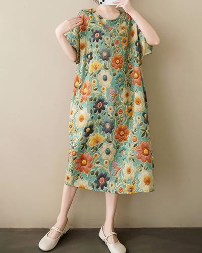 Image of LUZU JUNU Women's Summer Baggy Plus Size Loose Cotton Linen Long Boho Beach Dress with Pockets