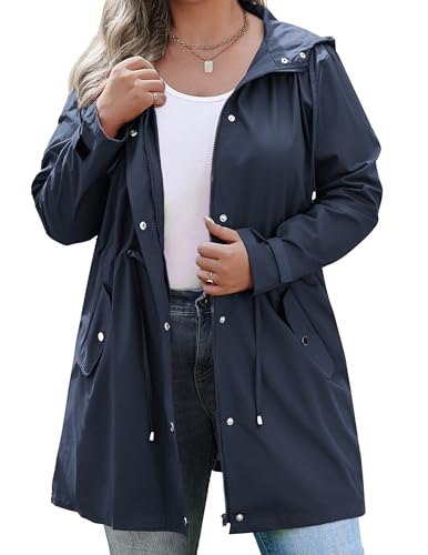 IN'VOLAND Regenjacken in Übergröße für Damen, wasserdicht, mit Kapuze, leichter Windbreaker, Outdoor-Trenchcoat, Marineblau, 52 Große Größen