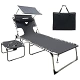 WKFAMOUT Outdoor Tanning Chair with Sun Canopy Shade & Face Hole, Folding Lounge Chair with Beach Table and Carry Bag for Poolside Sunbathing Lawn