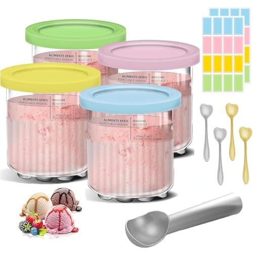 Txzsoupmiracle 4 Pack 24oz Ice Cream Container with Lid Leakproof Ice Cream Maker Freezer for Ninja NC501 NC500 Creami Deluxe Ice Cream Makers with 160pcs Waterproof Removable Labels