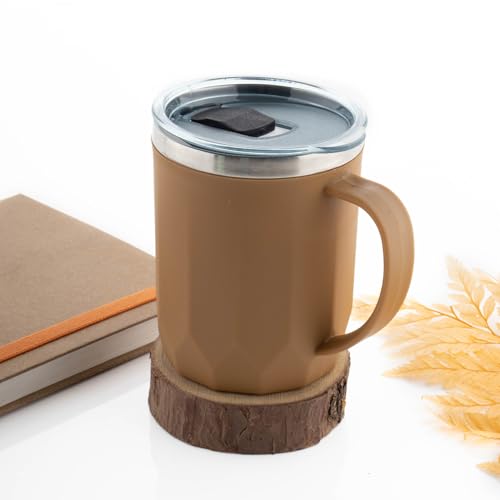 Image of MAGIC SPOON Stainless Steel Travel Coffee Mug with Sipper Lid & Handle, Insulated Tea Cup, BPA-Free Double Wall Tumbler for Hot-Cold Beverages, Office, Home, Car, Travel- Brown, (400ml X 1 Pack)