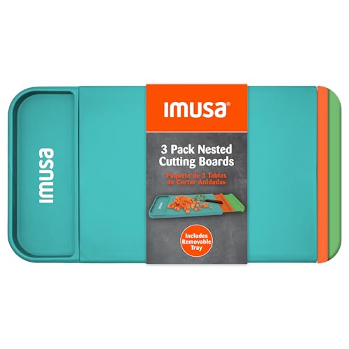 IMUSA Nesting Cutting Board Set with Removable Tray – 4 Piece 14' x 7.5' Plastic Cutting Boards for Kitchen, Color Coded Chopping Board Set, Dishwasher Safe, Easy to Clean, Food Prep Boards