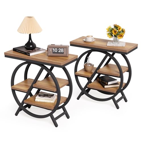 LITTLE TREE End Table, Set of 2 Narrow Side Table with 4-Tier Large Storage Space, Modern Bedside Table for Living Room, Home Office, Bedroom, Natural by LITTLE TREE - Used condition - US$84.48