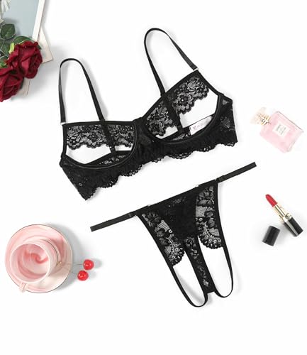 Avidlove Sexy Floral Lace Cutout Lingerie Set for Women Bra Panty 2 Piece Sheer Lingerie Set Outfits Black Small - Thumbnail 3