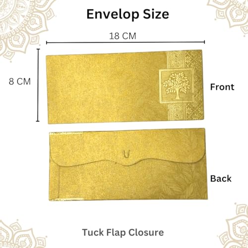 Image of Pack of 25, Rectangle Shape Metallic Paper Shagun Envelopes for Gifting Sagan Lifafa Wedding Occasion Cash Money, 18 X 8 cm, Gold Color - Gold Tree Design