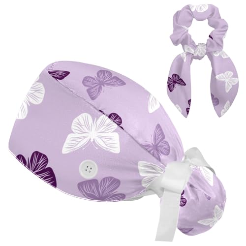 Purple Butterflies Scrub Caps, Adjustable Tie Back Hat Bouffant Surgical Caps for Women Long Hair