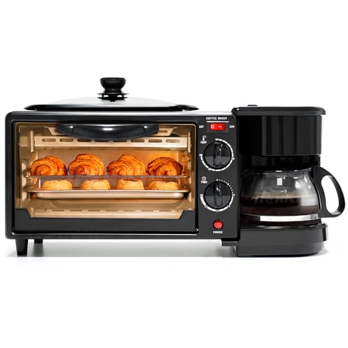 Desayunador 3 en 1 con Horno Tostador Eléctrico,Electrodoméstico Multifuncional para Cocina,Tostador Compacto con Cafetera Integrada, Horno Electrico con...