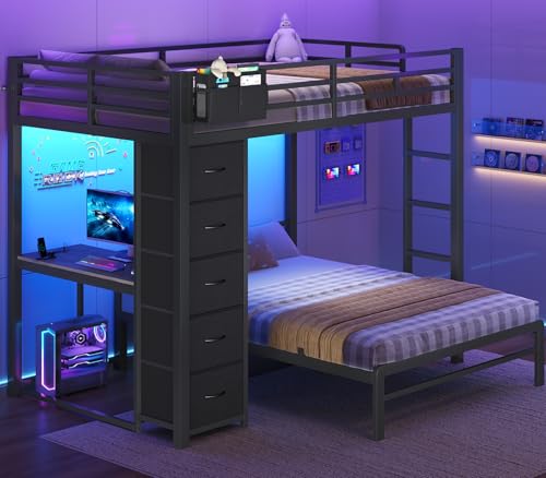 BTHFST Bunk Bed with Desk Full Over Full Bunk Beds with 5 Storage Drawers & Charging Station Full Size Bunk Bed with LED Lights & Safety Guardrail for Kids/Teens Black