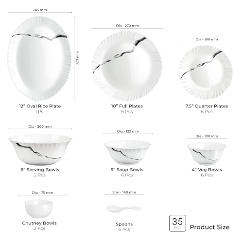 Image of Treo by Milton Opalware Aurelia Stria Dinner Set of 35 | Serving for 6 | Microwave & Dishwasher Safe | Bone-Ash Free | Tempered Toughness | Plates, Bowls, Spoons | Crockery Set for Dining & Gifting