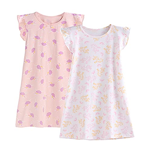 BANGSAUR Nachthemden für Mädchen mit flatternden Ärmeln, Schlafhemden aus Baumwolle, weicher und bequemer Nachthemd-Pyjama, für Mädchen von 3-10 Jahren (Ballerina+Einhorn,5-6 Jahre) Cover