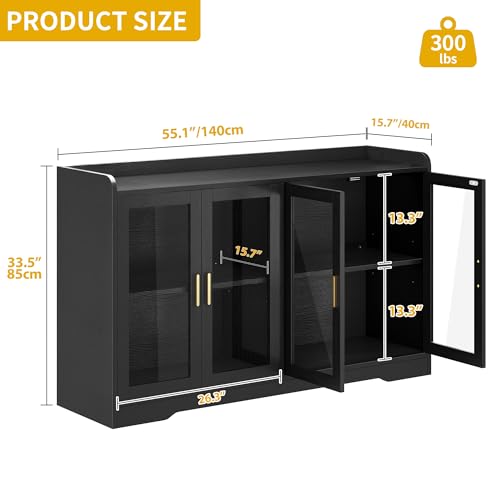 DWVO 55'' Sideboard Buffet Cabinet, Coffee Bar Cabinet with LED Light, 4 Doors & Adjustable Shelves, Large Storage Cabinets for Kitchen, Dining Room, Living Room, Black