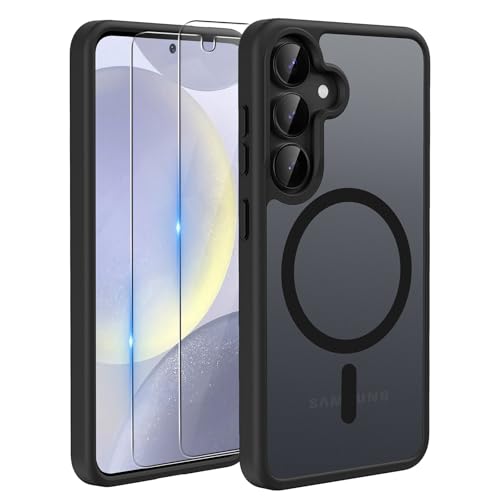 TQIAHF Magnetic Phone Case for Samsung Galaxy S25 5G / S24 5G Case with 2 Tempered Glass Screen Protector Compatible with MagSafe Military Grade Shockproof Translucent Matte Cover Phone Case Black