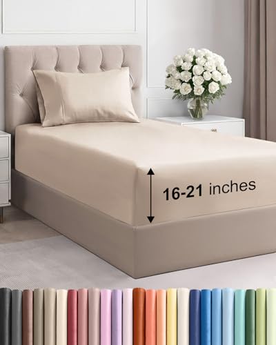 Image of Extra Deep Pocket Twin Size Sheet Set - 3 Piece Breathable & Cooling Bed Sheets - Hotel Luxury Bedding with 16 to 21 inch Extra Deep Pockets - Ultra-Soft, Fade & Wrinkle Resistant - Oeko-Tex - Wheat