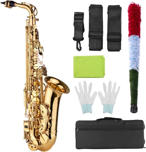 Saksofon tenorowy mosiężny korpus złoty lakier instrument dęty drewniany z futerałem, rękawiczkami, ściereczką do czyszczenia i paskami na szyję