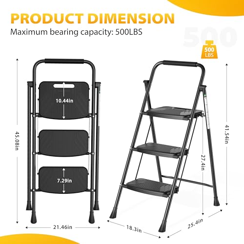 Step Ladder with Handrail, Folding Steel Step Stool, 3-Step by Arbusb - Used condition - Image 3