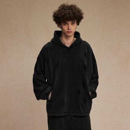 Vintage Hole Hoodies Men Streetwear Oversized Hoodies Spring Autumn Solid Color Hoodies Male4