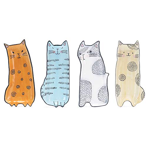 Bico Cartoon Cat Appetizer Plates Set of 4, Small Stoneware Ceramic Plates for Appetizer, Snacks, Sauce, Assorted Color, Microwave and Dishwasher Safe