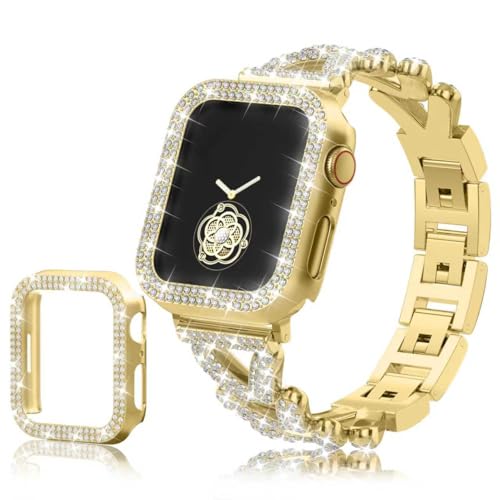 Image of Rhinestones Encrusted Metal Bracelet and Case, Compatible with Apple Watch Bands 38mm-49mm (Series 11 /1 /SE /Ultra 2)- Bling Gold Women's Jewelry Strap, Luxury iWatch Bracelet with Screen Protector