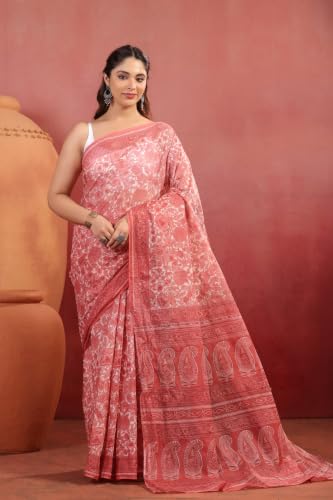 Image of TAMAIRA FASHION White Mulmul Pure Cotton Saree For Woman Floral Printed |Office Wear Daily Wear Sarees For Women Without Blouse Piece (Available in 16 Colours)
