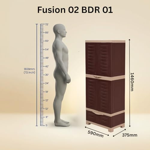 Image of Supreme Furniture Fusion 02 BDR 01 Multipurpose Plastic Cupboard | 40-Months Warranty* | 2 Door Cabinet with 1 Drawer | Spacious Shelves & Center Lock | Big Storage for Bedroom | DIY | Brown Beige