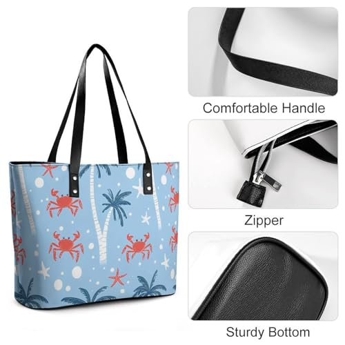 Crab Starfish Palm Tree Polka Dots Women's Leather Handbag Shoulder Bag Tote Purse Bags for Shopping Travel4
