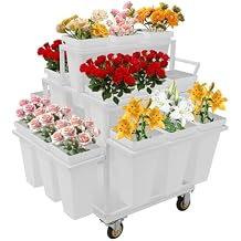 Flower Display Stand with Wheels, Flower Cart 6 Layers Rolling Flower Display Rack with 18PCS Buckets Moving Florist Bouquet Shelf, Metal Garden Cart Plant Stand Outdoor Flower Bar for Florist Patio Garden White