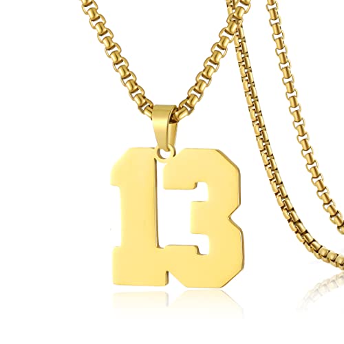 Skqir Number Necklace For Men Baseball Gold Baseball Jersey Number Pendant For Athletes Number Chain For Boys Sport Stainless Steel（Number：13 #TOP24