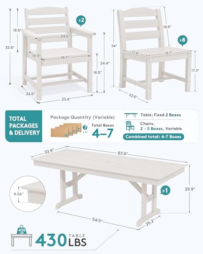 Image of SERWALL 9 Piece 84 inch HDPE Outdoor Dining Set with 6 Armless Chairs, 2 Armchairs and Umbrella Hole for 8, White