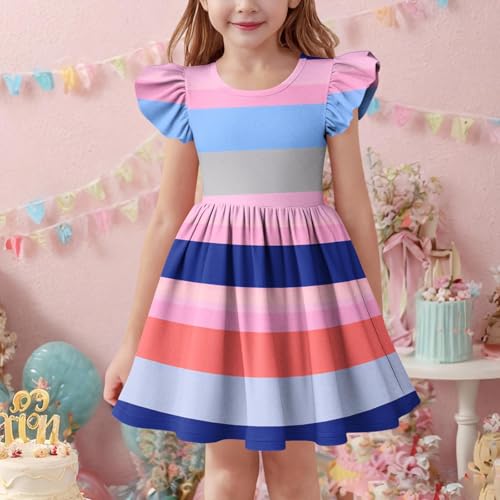 Girl's Summer Sundress Fashion Striped Color Block Ruffle Flutter Sleeve Dress Pleated A Line Midi Dresses4