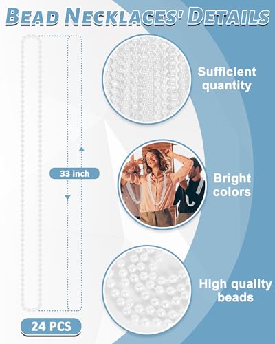 Image of EOBOH 12 Pcs Bead Necklace, 33 In White Pearl Beads Necklaces Bulk for Holiday, Metallic Beaded Necklaces for Mardi Gras Party Favors Wedding Birthday Festive Parade Throws Accessories Supplies Decor