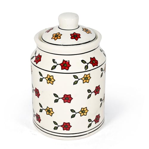 Image of Ceramic Pickle Jars For Storage Achar Chini Mati Barni Jars Jadi Jadilu Pots Containers For Storing Salt, Tamarind Kitchen Storage With Lid, 850ML NON AIRTIGHT, Multicolour Floral Design
