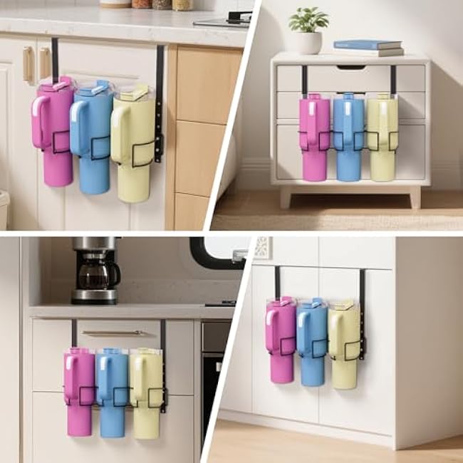 Over The Door Tumbler Organizer Compatible with Stanley 30oz 40oz, Vertical Hanging Snap-On Water Bottle Storage, Drill-Free Space-Saving Cup Holder for Kitchen, Cabinet, Door - Gift Ready (Black)