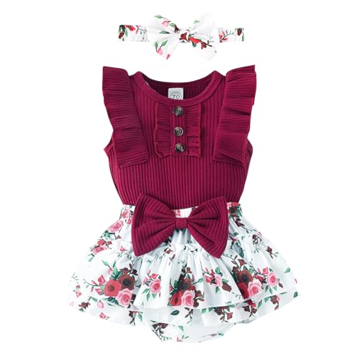 Image of GDTOGRT Baby Girl Clothes Newborn Infant Summer Outfits Ruffle Romper and Shorts with Headband Sets for 0-3-6-9-12-18 Months