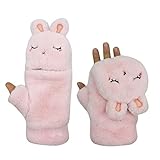 RARITYUS Women Cute Rabbit Flip Cover Soft Gloves Thick Warm Plush Winter Fingerless Mittens for Teen Girls Outdoor Sports