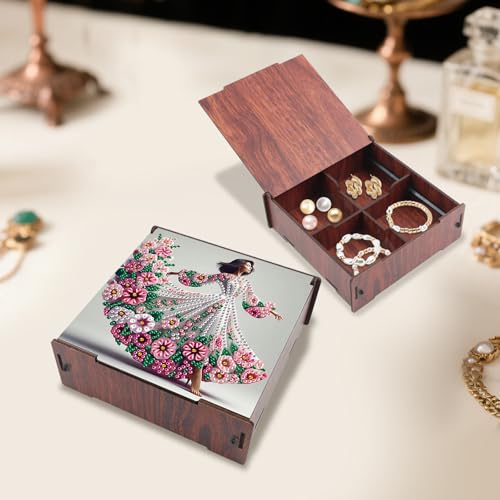 Image of DIY Diamond Art Storage Box, Flower Lady Design Wooden Diamond Painting Case with Flip-Top Lid and 4 Divided Compartments, Desktop Craft, Jewelry and Accessories Supplies Storage Container